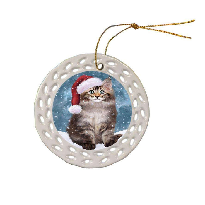 Let it Snow Christmas Holiday Maine Coon Cat Wearing Santa Hat Ceramic Doily Ornament DPOR54311