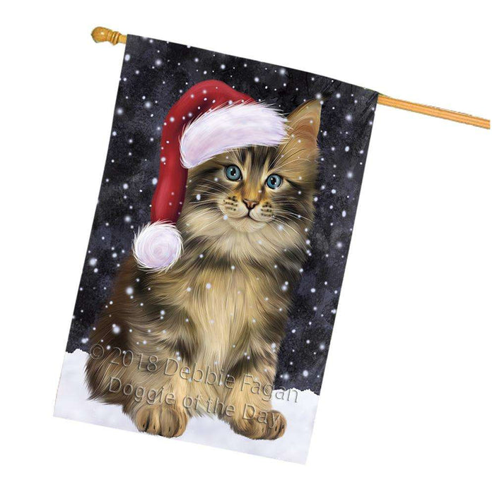 Let it Snow Christmas Holiday Maine Coon Cat Wearing Santa Hat House Flag FLG54507