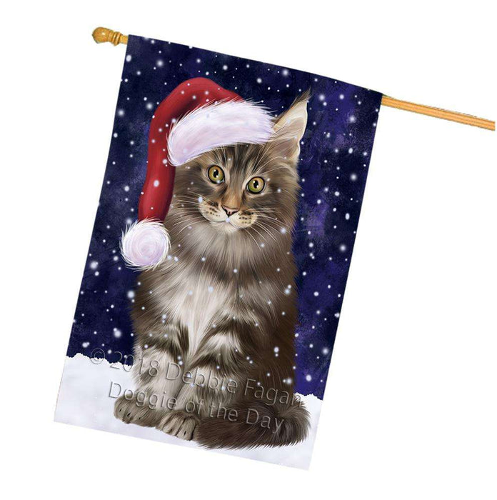 Let it Snow Christmas Holiday Maine Coon Cat Wearing Santa Hat House Flag FLG54508