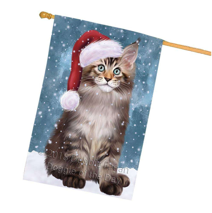 Let it Snow Christmas Holiday Maine Coon Cat Wearing Santa Hat House Flag FLG54509