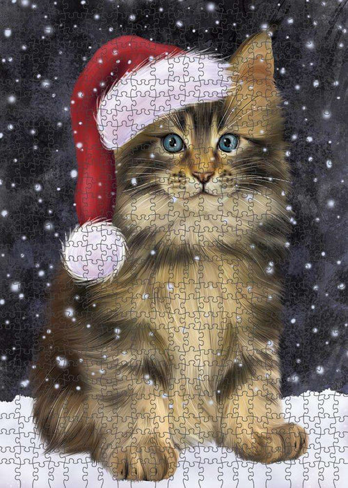 Let it Snow Christmas Holiday Maine Coon Cat Wearing Santa Hat Puzzle with Photo Tin PUZL84392