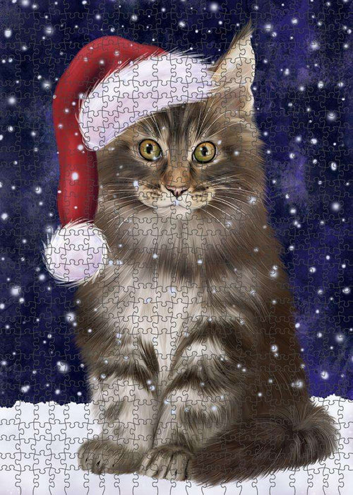 Let it Snow Christmas Holiday Maine Coon Cat Wearing Santa Hat Puzzle with Photo Tin PUZL84396