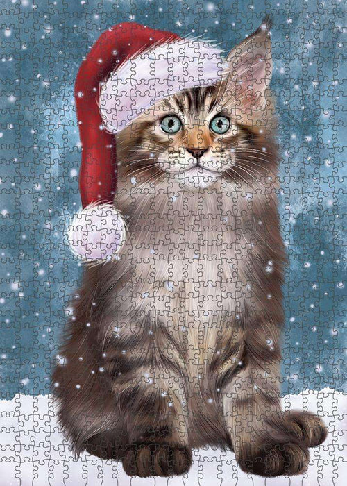 Let it Snow Christmas Holiday Maine Coon Cat Wearing Santa Hat Puzzle with Photo Tin PUZL84400