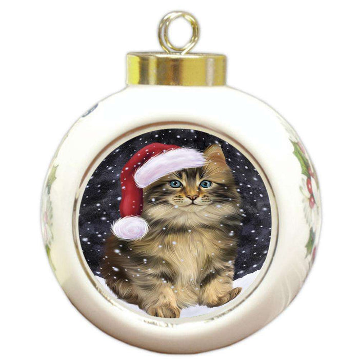 Let it Snow Christmas Holiday Maine Coon Cat Wearing Santa Hat Round Ball Christmas Ornament RBPOR54309