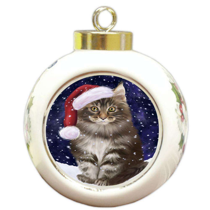 Let it Snow Christmas Holiday Maine Coon Cat Wearing Santa Hat Round Ball Christmas Ornament RBPOR54310