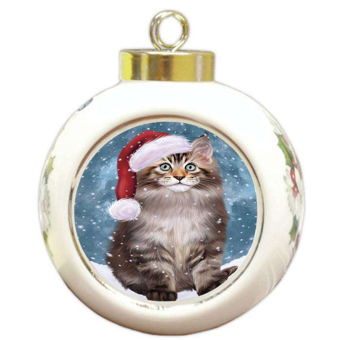 Let it Snow Christmas Holiday Maine Coon Cat Wearing Santa Hat Round Ball Christmas Ornament RBPOR54311