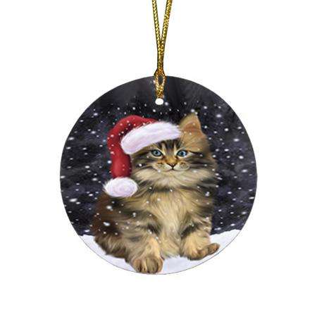 Let it Snow Christmas Holiday Maine Coon Cat Wearing Santa Hat Round Flat Christmas Ornament RFPOR54300