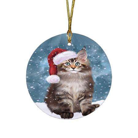 Let it Snow Christmas Holiday Maine Coon Cat Wearing Santa Hat Round Flat Christmas Ornament RFPOR54302