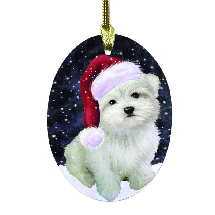 Let it Snow Christmas Holiday Maltese Dog Oval Glass Christmas Ornament OGOR48617