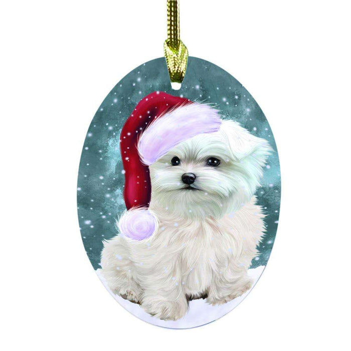 Let it Snow Christmas Holiday Maltese Dog Oval Glass Christmas Ornament OGOR48619