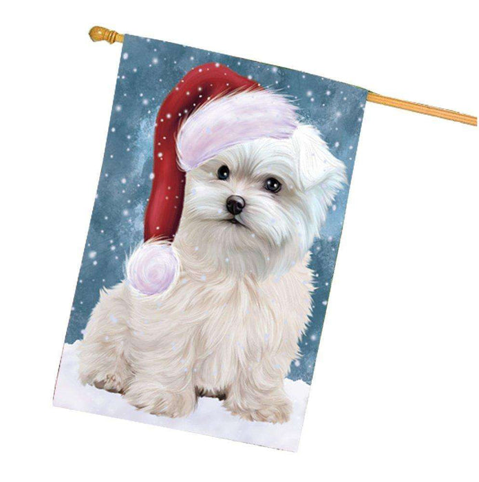 Let it Snow Christmas Holiday Maltese Dog Wearing Santa Hat House Flag