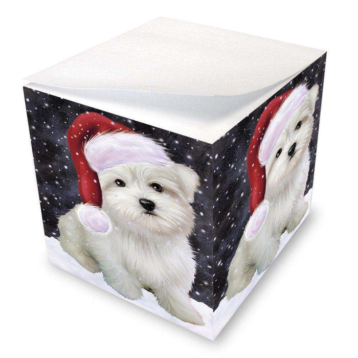 Let it Snow Christmas Holiday Maltese Dog Wearing Santa Hat Note Cube D332