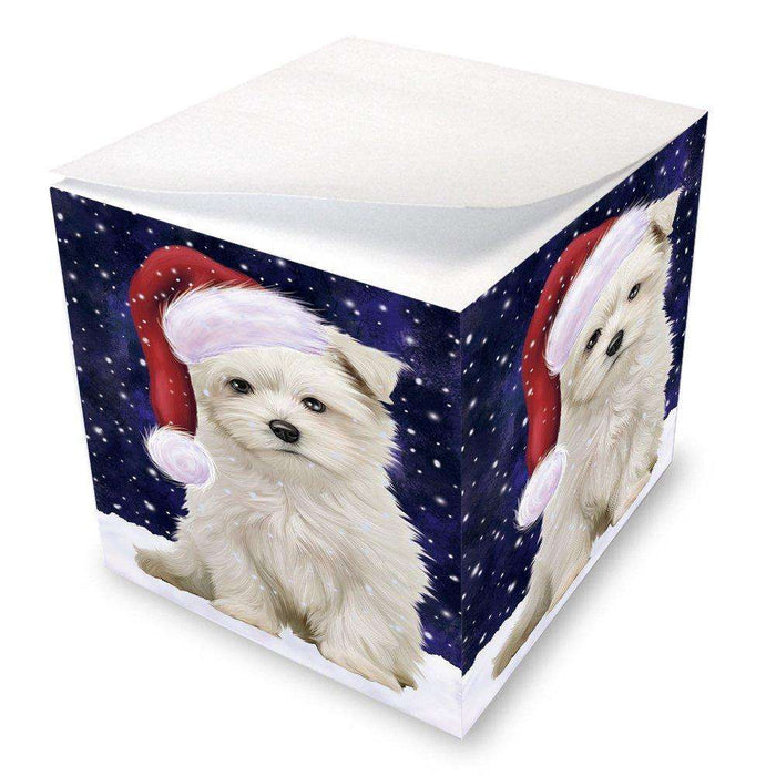 Let it Snow Christmas Holiday Maltese Dog Wearing Santa Hat Note Cube D333