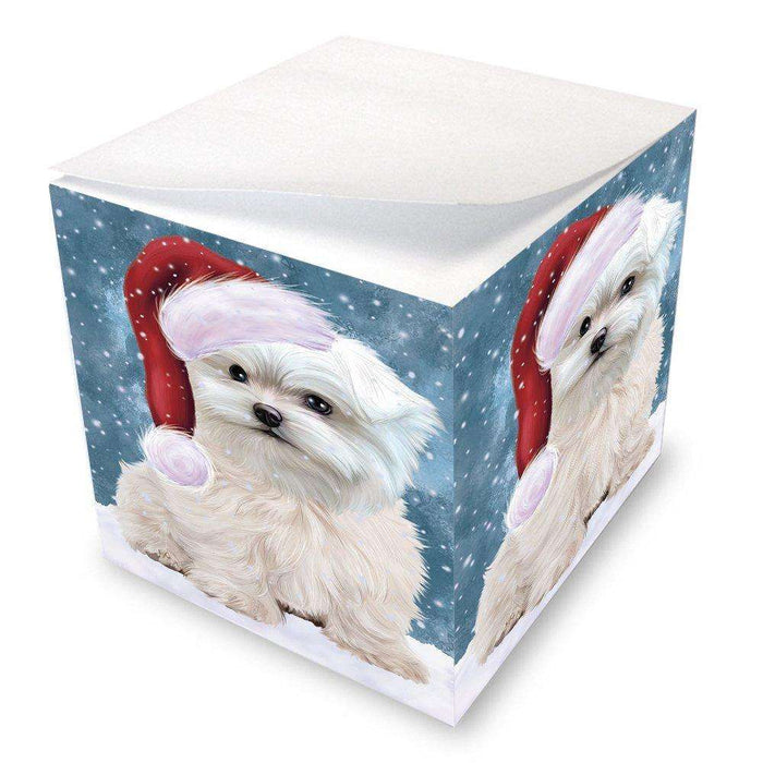 Let it Snow Christmas Holiday Maltese Dog Wearing Santa Hat Note Cube D334
