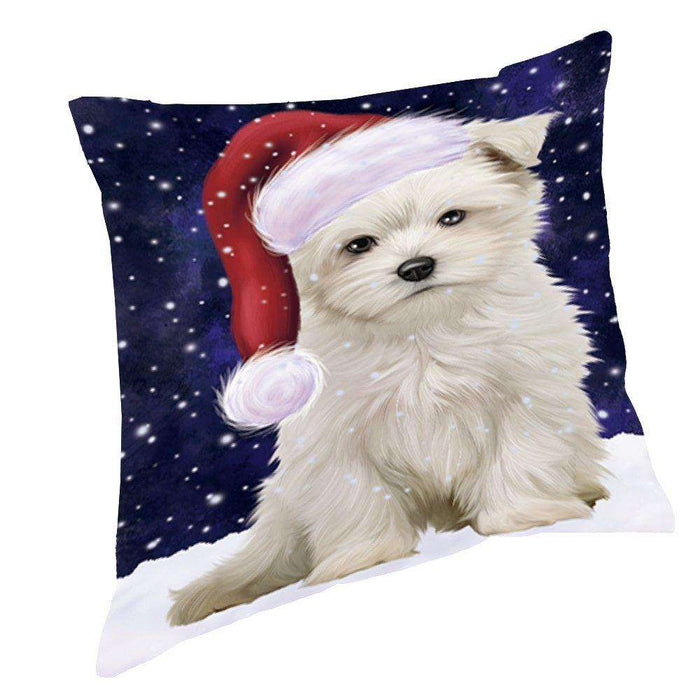Let it Snow Christmas Holiday Maltese Dog Wearing Santa Hat Throw Pillow