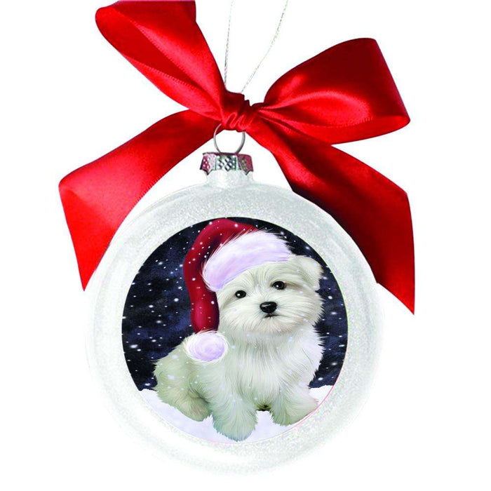 Let it Snow Christmas Holiday Maltese Dog White Round Ball Christmas Ornament WBSOR48617