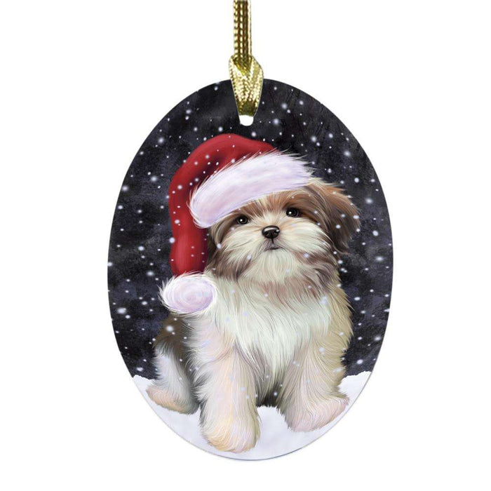 Let it Snow Christmas Holiday Malti Tzu Dog Oval Glass Christmas Ornament OGOR48953