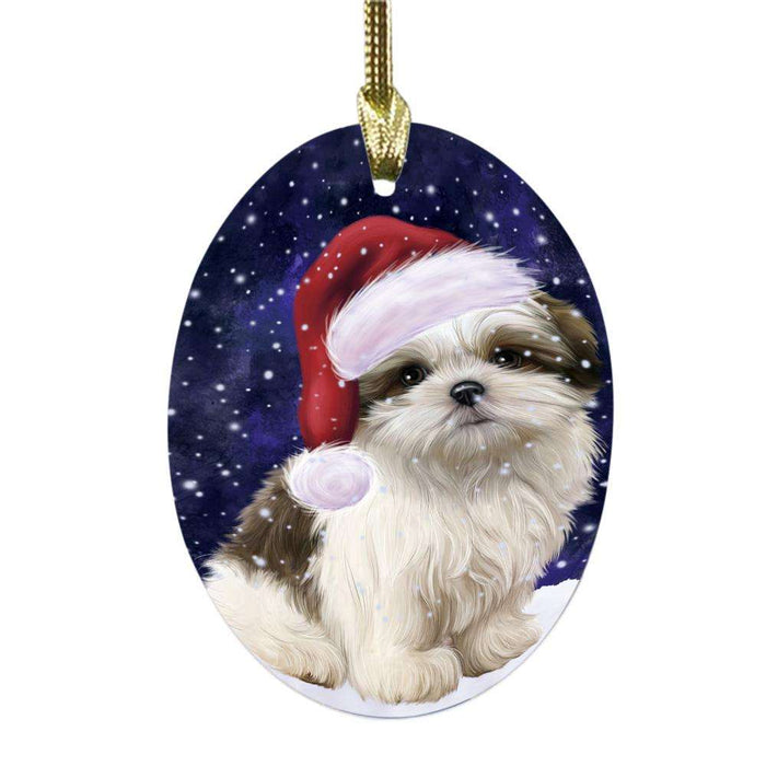 Let it Snow Christmas Holiday Malti Tzu Dog Oval Glass Christmas Ornament OGOR48954
