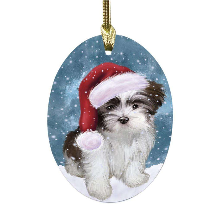Let it Snow Christmas Holiday Malti Tzu Dog Oval Glass Christmas Ornament OGOR48955