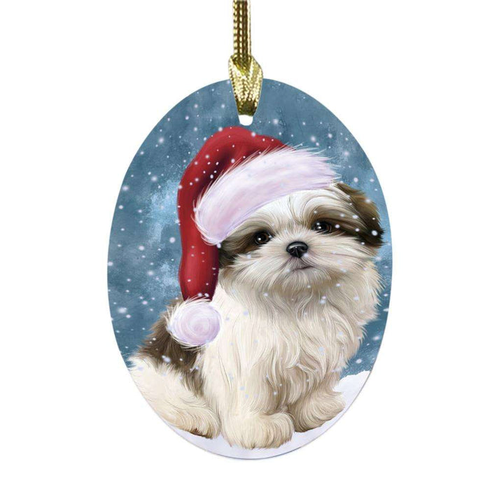 Let it Snow Christmas Holiday Malti Tzu Dog Oval Glass Christmas Ornament OGOR48956