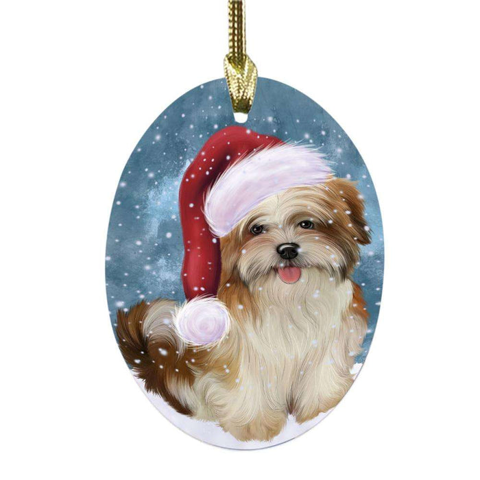 Let it Snow Christmas Holiday Malti Tzu Dog Oval Glass Christmas Ornament OGOR48957