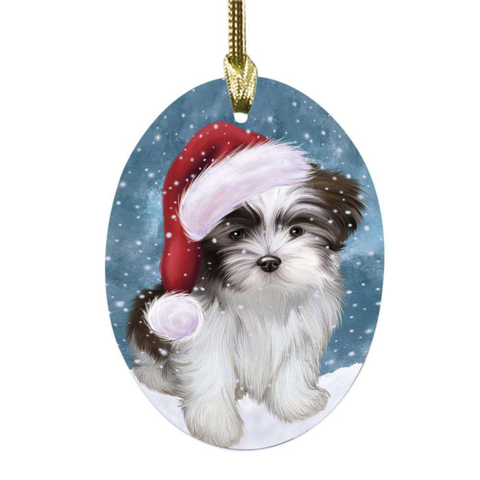 Let it Snow Christmas Holiday Malti Tzu Dog Oval Glass Christmas Ornament OGOR48958