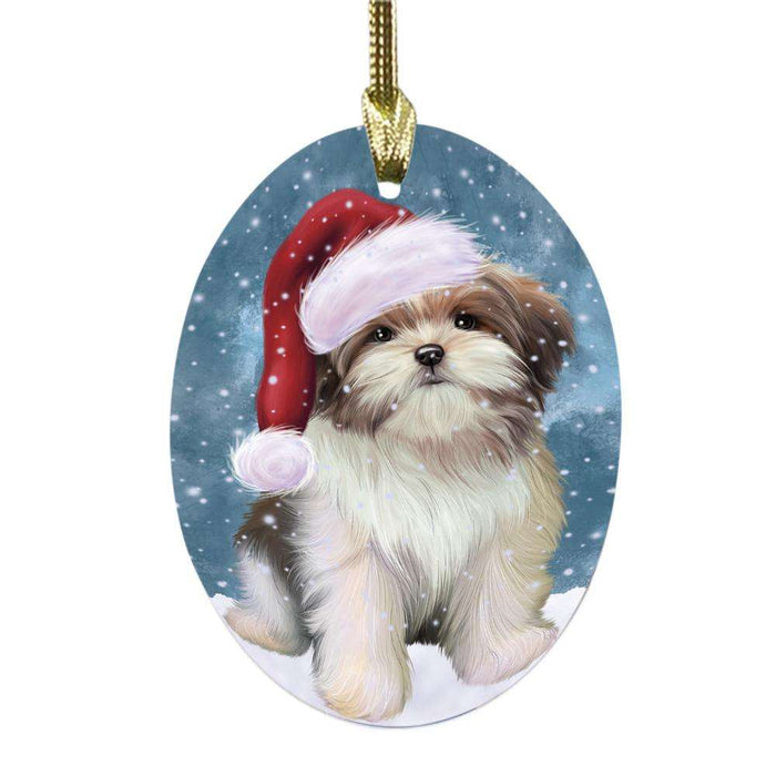 Let it Snow Christmas Holiday Malti Tzu Dog Oval Glass Christmas Ornament OGOR48960
