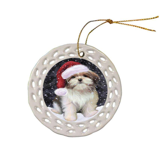 Let it Snow Christmas Holiday Malti Tzu Dog Wearing Santa Hat Ceramic Doily Ornament DPOR54312