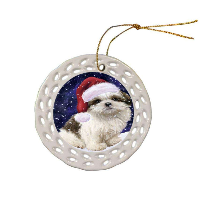 Let it Snow Christmas Holiday Malti Tzu Dog Wearing Santa Hat Ceramic Doily Ornament DPOR54313