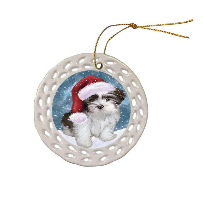 Let it Snow Christmas Holiday Malti Tzu Dog Wearing Santa Hat Ceramic Doily Ornament DPOR54314