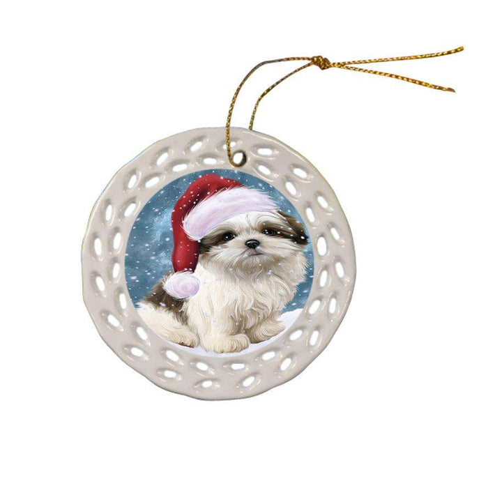 Let it Snow Christmas Holiday Malti Tzu Dog Wearing Santa Hat Ceramic Doily Ornament DPOR54315