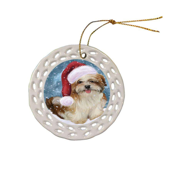 Let it Snow Christmas Holiday Malti Tzu Dog Wearing Santa Hat Ceramic Doily Ornament DPOR54316