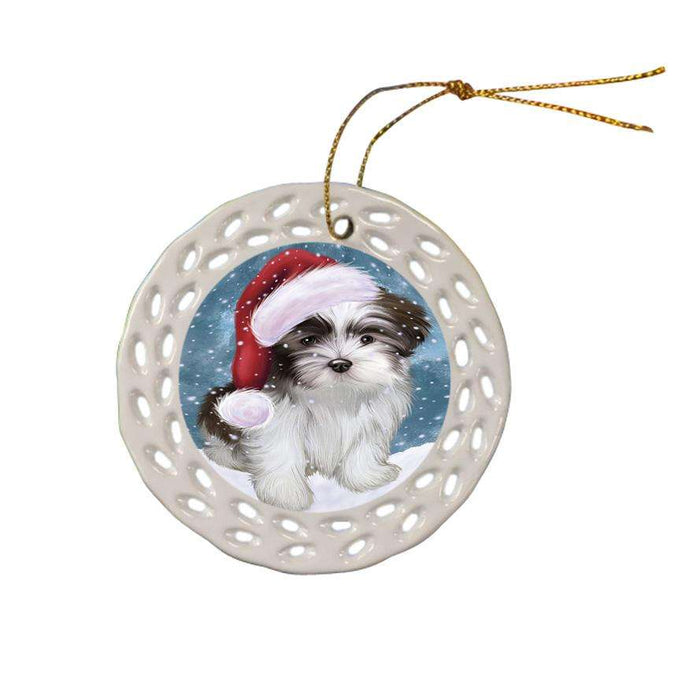 Let it Snow Christmas Holiday Malti Tzu Dog Wearing Santa Hat Ceramic Doily Ornament DPOR54317
