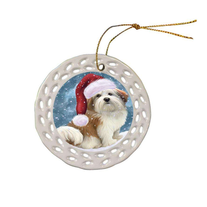 Let it Snow Christmas Holiday Malti Tzu Dog Wearing Santa Hat Ceramic Doily Ornament DPOR54318