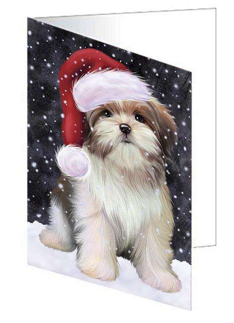 Let it Snow Christmas Holiday Malti Tzu Dog Wearing Santa Hat Handmade Artwork Assorted Pets Greeting Cards and Note Cards with Envelopes for All Occasions and Holiday Seasons GCD66965