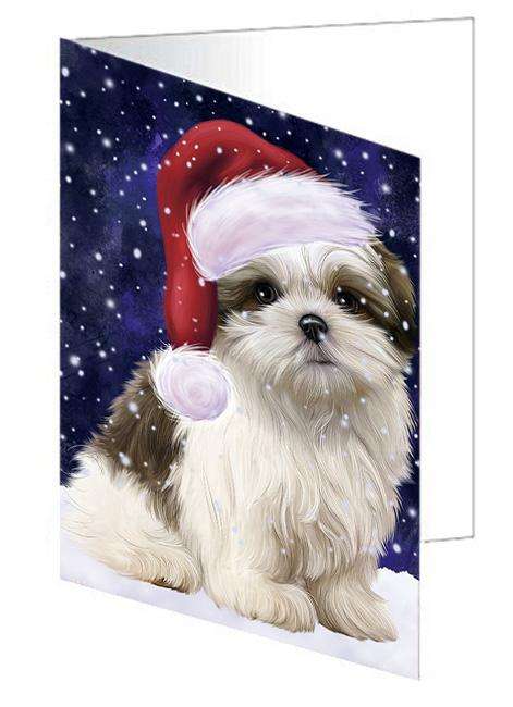 Let it Snow Christmas Holiday Malti Tzu Dog Wearing Santa Hat Handmade Artwork Assorted Pets Greeting Cards and Note Cards with Envelopes for All Occasions and Holiday Seasons GCD66968