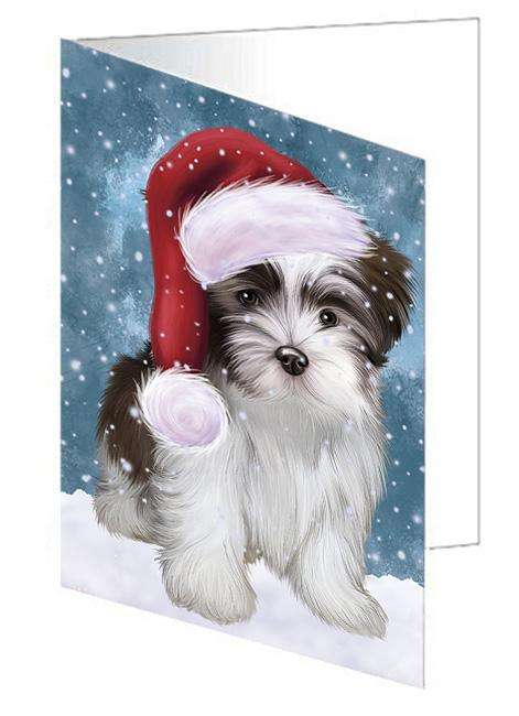 Let it Snow Christmas Holiday Malti Tzu Dog Wearing Santa Hat Handmade Artwork Assorted Pets Greeting Cards and Note Cards with Envelopes for All Occasions and Holiday Seasons GCD66971