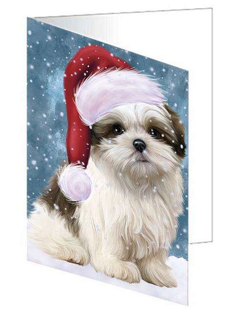 Let it Snow Christmas Holiday Malti Tzu Dog Wearing Santa Hat Handmade Artwork Assorted Pets Greeting Cards and Note Cards with Envelopes for All Occasions and Holiday Seasons GCD66974