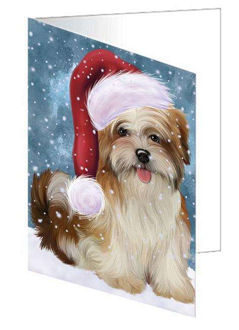 Let it Snow Christmas Holiday Malti Tzu Dog Wearing Santa Hat Handmade Artwork Assorted Pets Greeting Cards and Note Cards with Envelopes for All Occasions and Holiday Seasons GCD66977