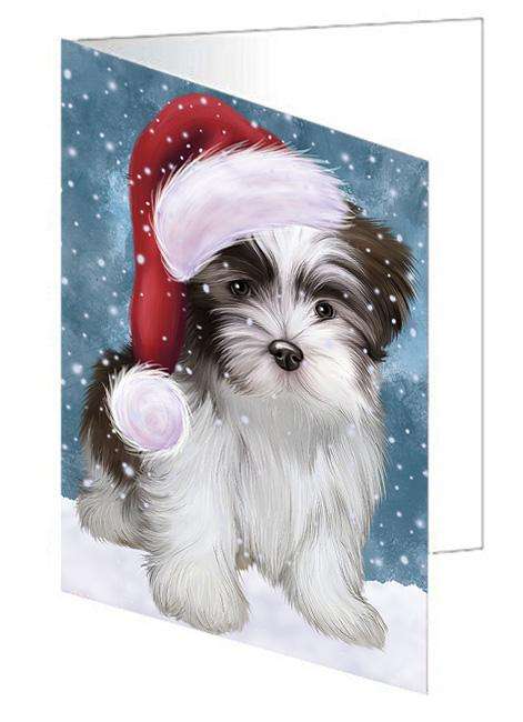 Let it Snow Christmas Holiday Malti Tzu Dog Wearing Santa Hat Handmade Artwork Assorted Pets Greeting Cards and Note Cards with Envelopes for All Occasions and Holiday Seasons GCD66980