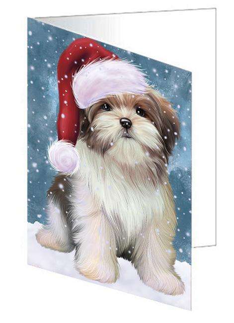 Let it Snow Christmas Holiday Malti Tzu Dog Wearing Santa Hat Handmade Artwork Assorted Pets Greeting Cards and Note Cards with Envelopes for All Occasions and Holiday Seasons GCD66986