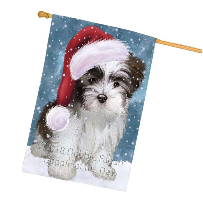 Let it Snow Christmas Holiday Malti Tzu Dog Wearing Santa Hat House Flag FLG54515