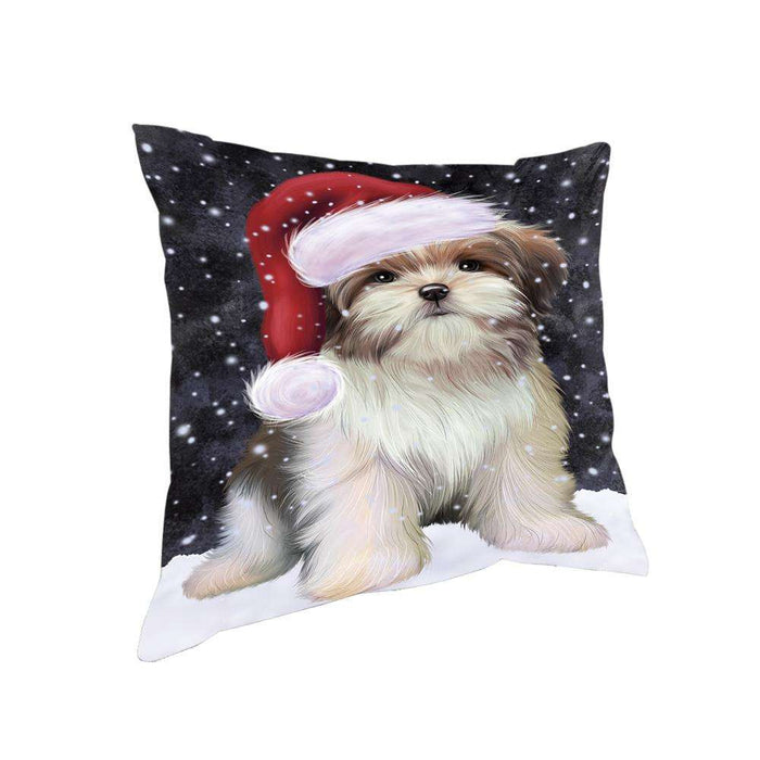 Let it Snow Christmas Holiday Malti Tzu Dog Wearing Santa Hat Pillow PIL73872