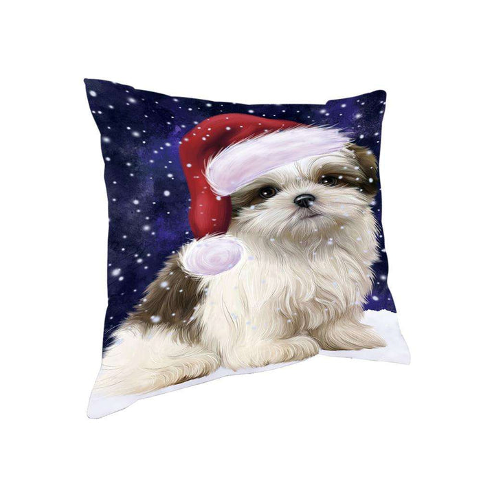 Let it Snow Christmas Holiday Malti Tzu Dog Wearing Santa Hat Pillow PIL73876