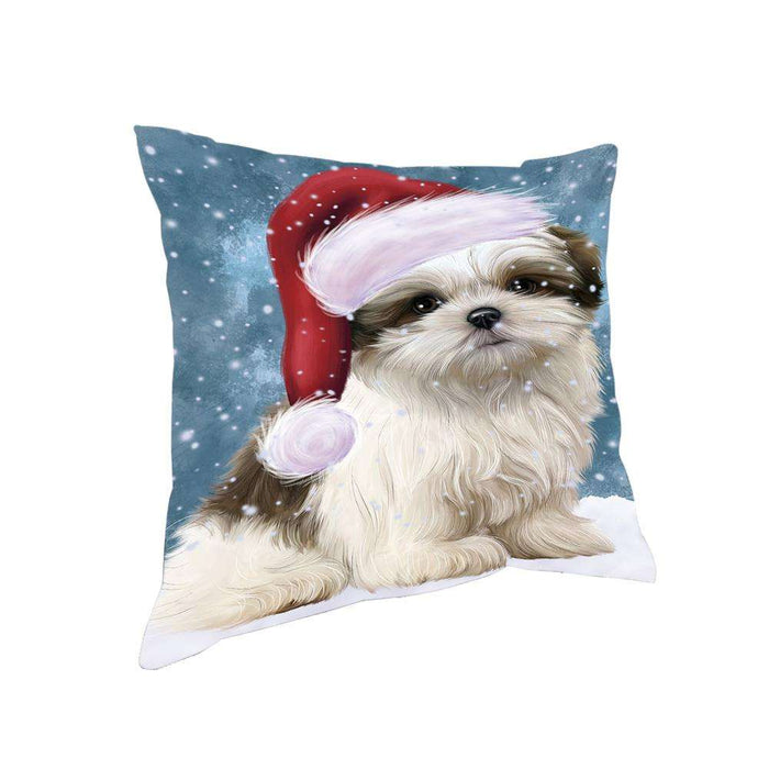 Let it Snow Christmas Holiday Malti Tzu Dog Wearing Santa Hat Pillow PIL73884