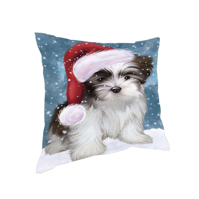 Let it Snow Christmas Holiday Malti Tzu Dog Wearing Santa Hat Pillow PIL73892