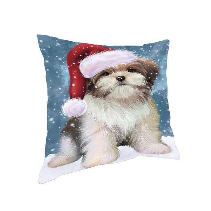 Let it Snow Christmas Holiday Malti Tzu Dog Wearing Santa Hat Pillow PIL73900