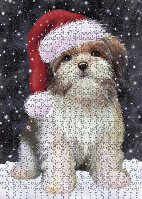Let it Snow Christmas Holiday Malti Tzu Dog Wearing Santa Hat Puzzle with Photo Tin PUZL84404