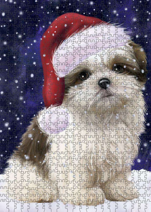 Let it Snow Christmas Holiday Malti Tzu Dog Wearing Santa Hat Puzzle with Photo Tin PUZL84408
