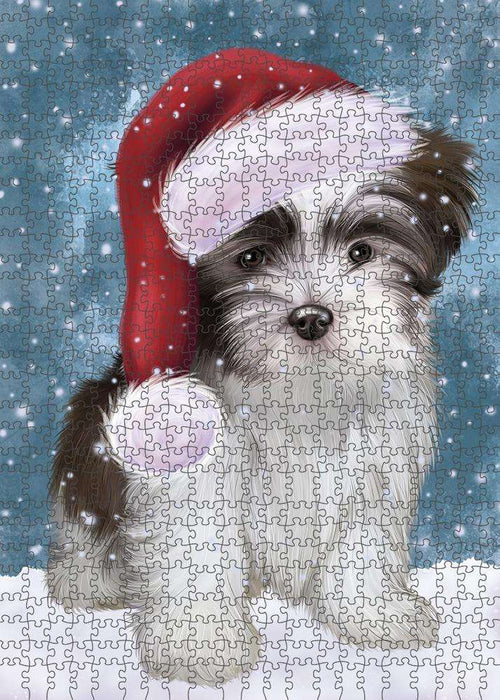 Let it Snow Christmas Holiday Malti Tzu Dog Wearing Santa Hat Puzzle with Photo Tin PUZL84412